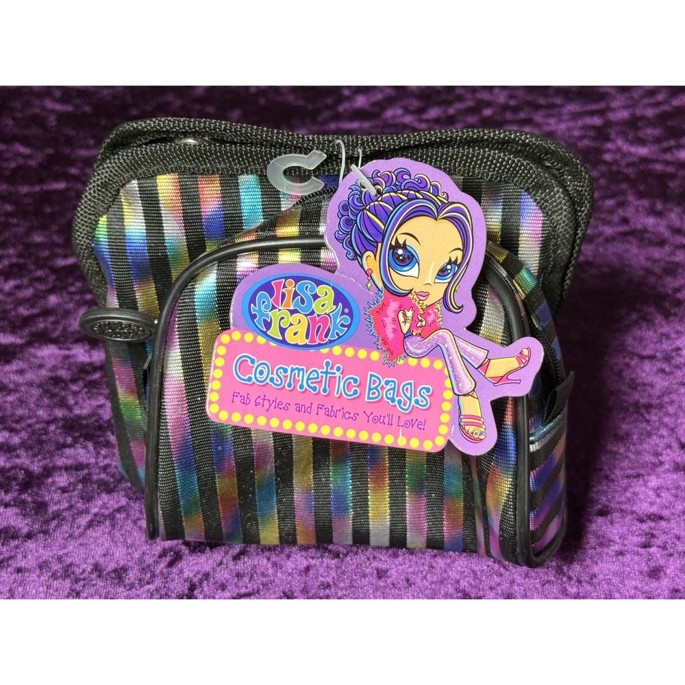 90s Y2K Vtg Lisa Frank Cosmetic Bag Lot Metallic Rainbow Striped Travel Wallet